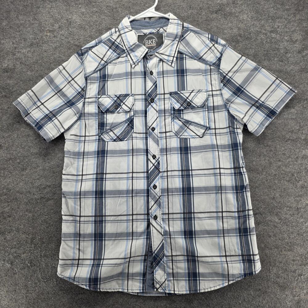 BKE Shirt Mens L Blue Plaid Cotton Short Sleeve Button Up Pockets Regular Fit